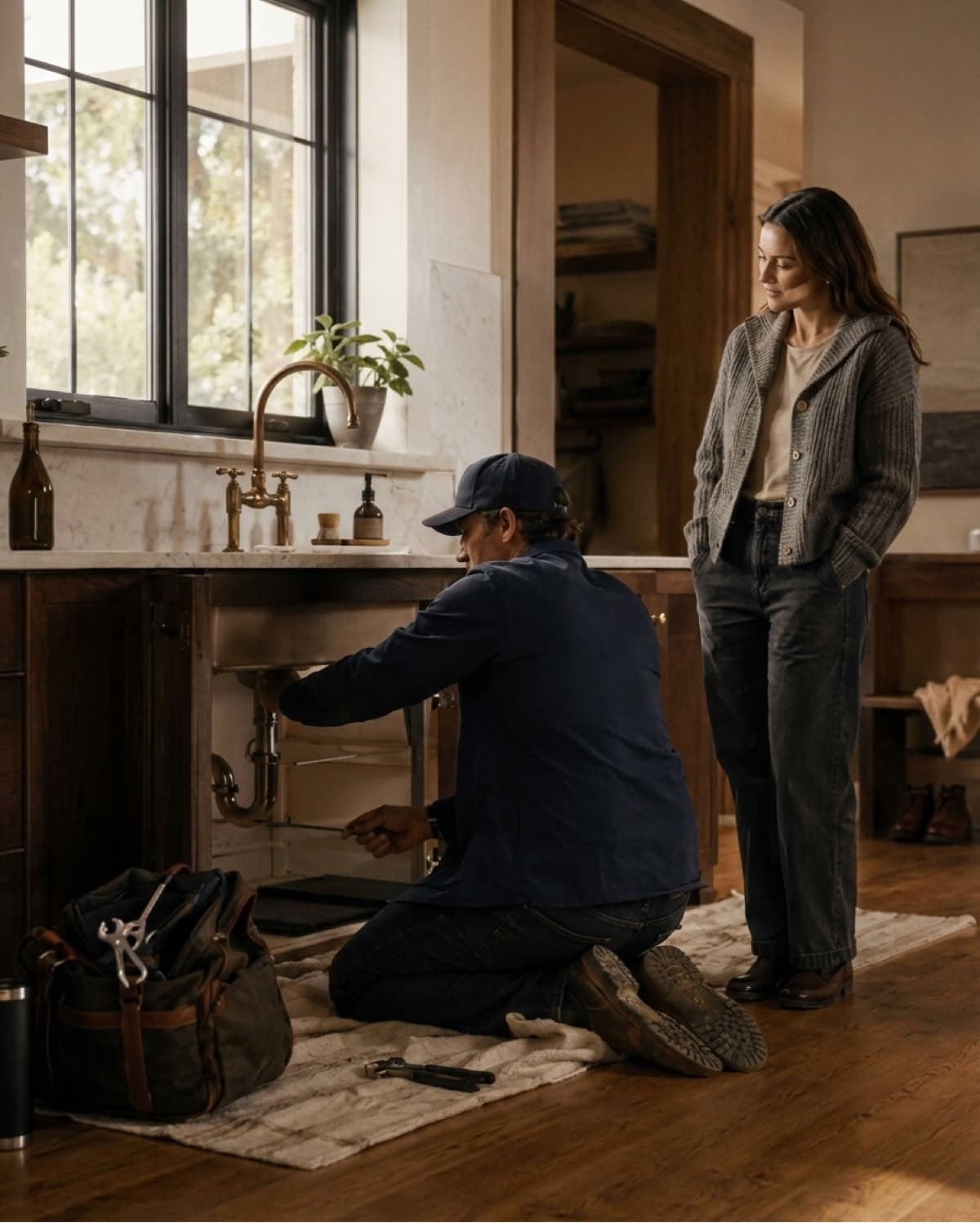 A Jack pro repairing the kitchen sink while the homeowner looks on